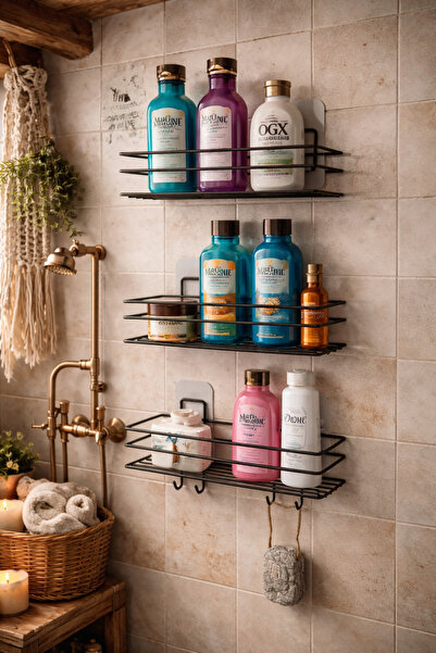 MayCap 3'lü Set Yapışkanlı 4 Kancalı Paslanmaz Mat Banyo Rafı Siyah