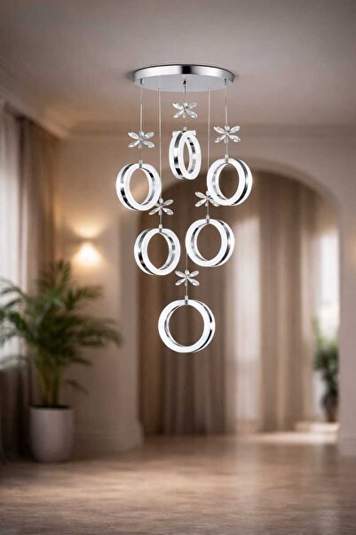 Marsel Lighting alya 6lı krom avize 3 renk led secenekli salon oturma odası a...