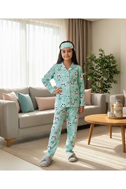 LİLLYPİCCA Kız Çocuk Panda Desenli Düğmeli Pijama Takımı Göz Bant Dahil