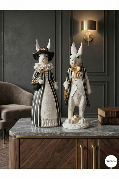 Tual Hobi Sanat Dekoratif Tavşan Çift Heykeli (35x13cm) El Boyaması Lüks Heyk...