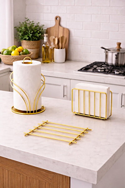 KARTEYA Servis Sunum Seti Havluluk Peçetelik Nihale Gold Altın Dolu Parlak Pa...