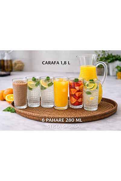 OEM Set carafă 1.8 L + 6 pahare 280 ml Sticlă groasă • Rezistente • Design el...