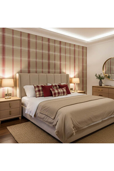 Genel Markalar Ekose Krem Kırmızı Desen Ucuz Duvar Kağıdı 22V