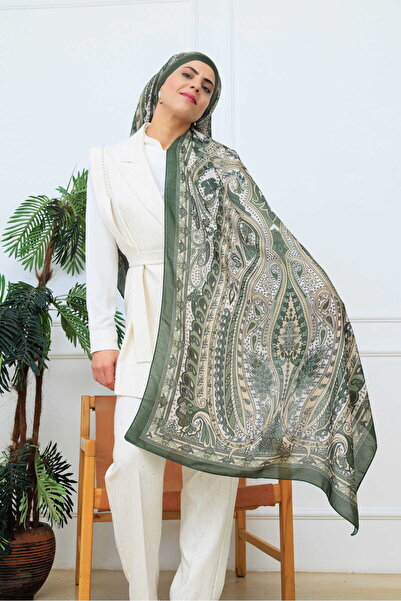 aldyoo Retro Etnik Desen Pamuk Viskon Şal Yeşil