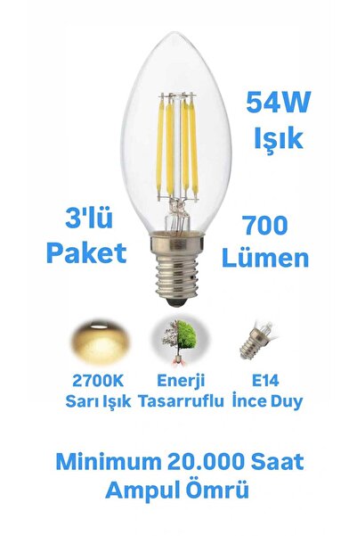 repplam 6 Watt E14 Duylu Rustik Led Ampul Sarı Işık Avize Ampulu Ince Duylu M...