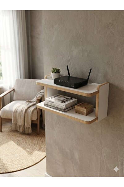 akçehome Dekoratif İkili Raf, Aksesuar Rafı, İki Bölmeli Modem Rafı