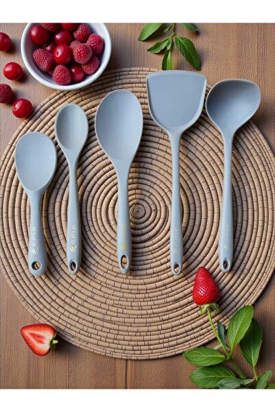elfnur 5 Parça Isıya Dayanıklı Silikon Kepçe Spatula Kaşık Seti (30-28-22-20 Cm