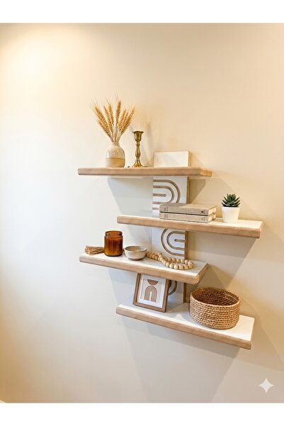 akçehome Asimetrik Bohem Ahşap Dekoratif Duvar Rafı 4 raflı