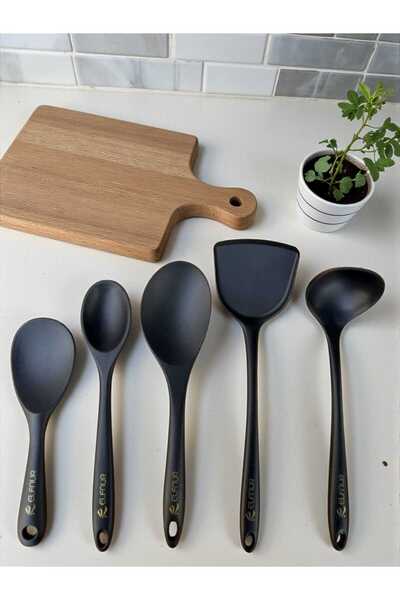 elfnur 5 Parça Isıya Dayanıklı Yanmaz Yapışmaz Silikon Kepçe Spatula Kaşık Se...