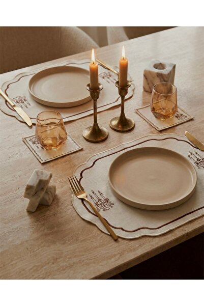 LİONYA DESİGN 4 Parça 2 Kişilik Şamdan Nakışlı Sofra Seti (2 Amerikan Servisi...