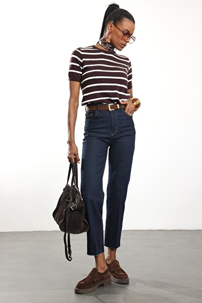 5in1Canpolat Dark Navy Blue Belted Lycra Boyfit Jean 2004