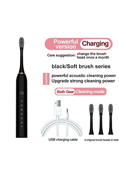 Choice فرشاة أسنان كهربائية سوداء بشعيرات ناعمة، 6 سرعات أوتوماتيكية، مناسبة ...