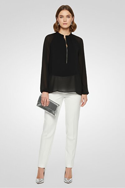 Michael Kors بلوزة سادة بأكمام طويلة ورقبة مربوطة للنساء، أسود