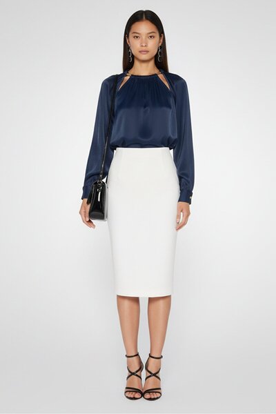 Michael Kors Women Round Neck Long Sleeves Plain Blouse, Navy