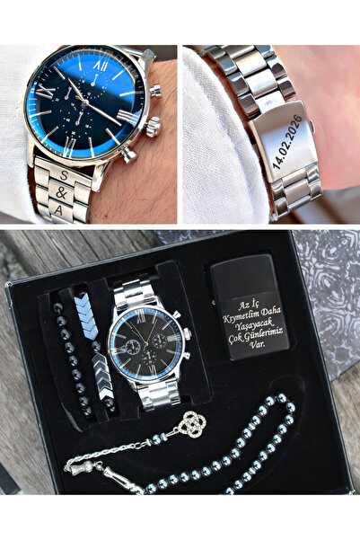 saat&istasyonu İsimli Gümüş Renk Erkek Kol Saati Bileklik Tesbih ve Çakmak Seti
