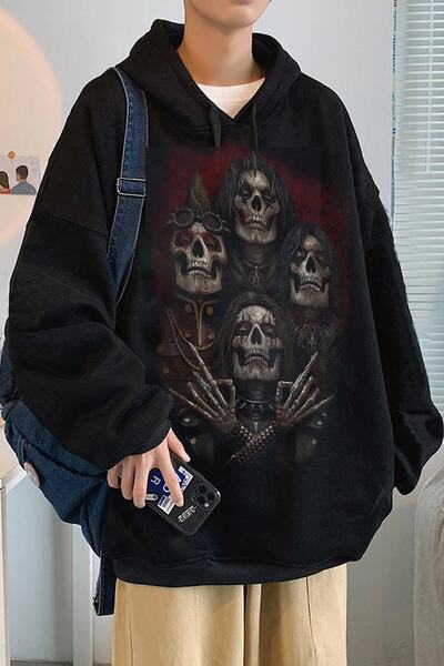 Freak Tshirt Hanorac unisex lat croială cu imprimeu cu craniu în față și în s...