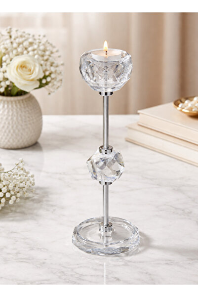 ALQANNAS حامل شموع أنيق من الفولاذ الفضي مع زجاج كريستالي، تصميم زخرفي فاخر