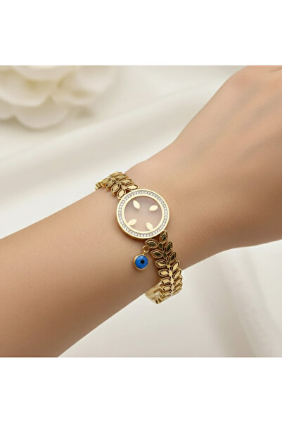 stainless steell gold renkli nazar boncuklu pusula çelik bileklik