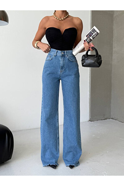 HerTon High-waisted, wide-leg denim pants with tassel detail