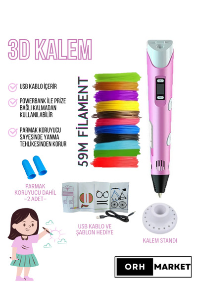 ORH PEMBE 3d Pen Yazıcı Kalem 3d Kalem –PLA Filament (TOPLAM 59M) + Usb Kablo