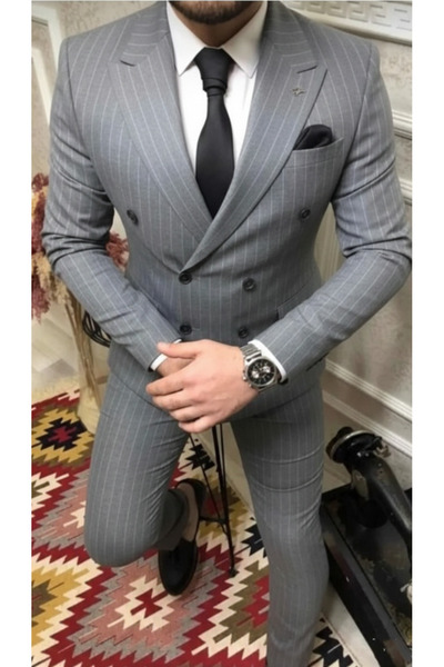 MY VİNTAGE Double-breasted Striped Slimfit Suit