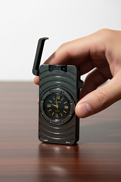 MERTCAN KNİFE Pürmüz Alevli Saatli Çakmak - Analog Saat Göstergeli Metalik Gr...