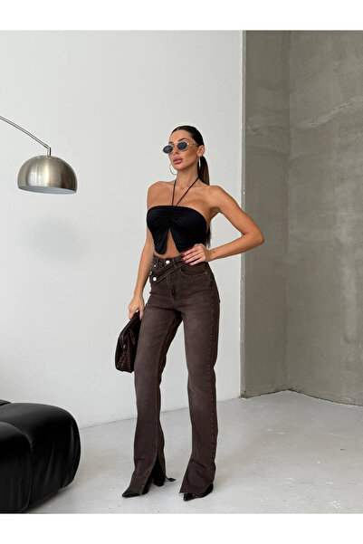 HerTon Women's Brown Asymmetrical High Waist Flared Denim Pants – Modern Fit