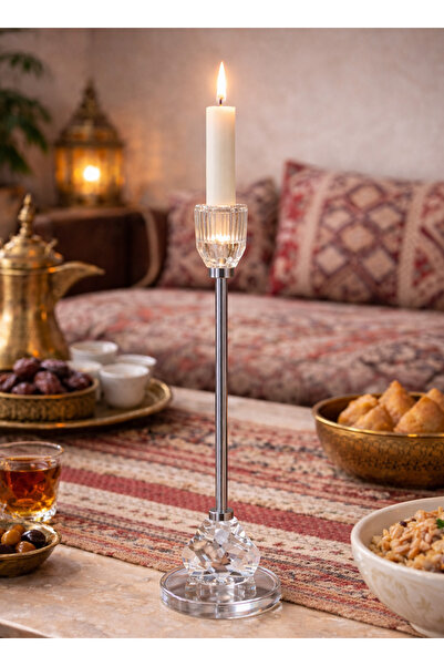 ALQANNAS حامل شمع استيل فضي مع زجاج كريستال راقي