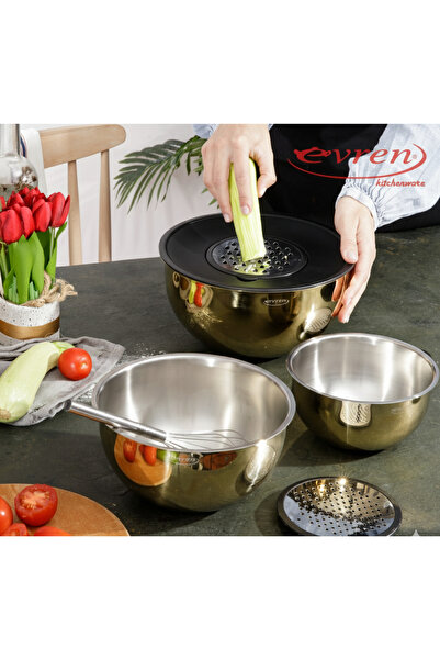 Evren 9 Parça Venüs Çift Rendeli Paslanmaz Çelik Karıştırma Kabı Seti (GOLD)