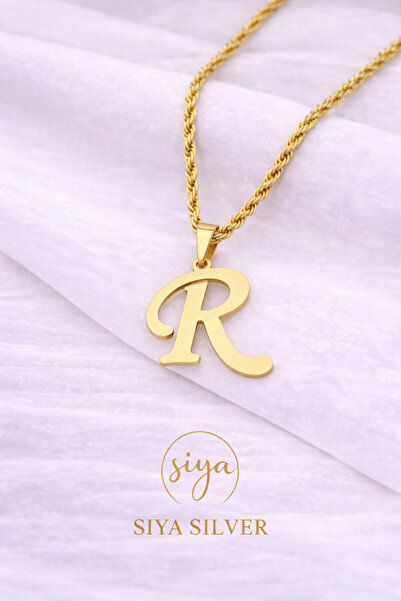 Siya Silver 316L Kararmaz Çelik Gold Renk Uzun Burgu Zincirli Harfli Kadın Kolye