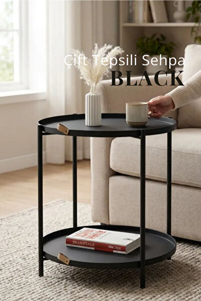 hemlife Çift Tepsili Katlanır Orta Yan Yuvarlak Sehpa Metal - Modern Sehpa 44...