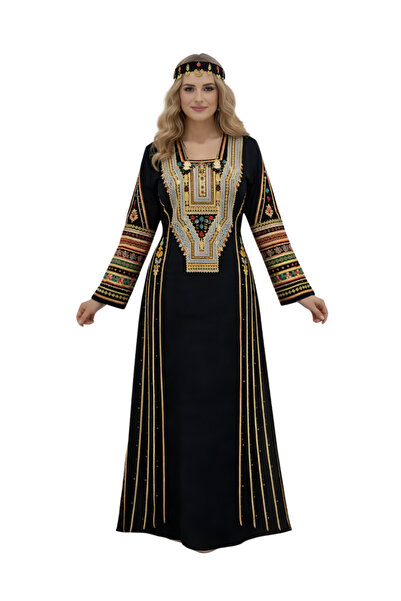 Premium جلابية عسيرية سوداء مطرزة باللونين الأحمر والذهبي