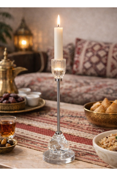 ALQANNAS حامل شمع استيل فضي مع زجاج كريستال راقي، تصميم زخرفي فاخر