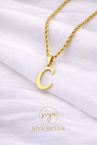 Siya Silver 316L Kararmaz Çelik Gold Renk Uzun Burgu Zincirli Harfli Kadın Kolye