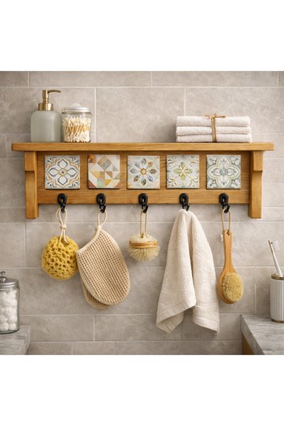 woodline 5-Hanging Natural Stone Decorated Wooden Wall Organizer – Entryway Key Holder, Kitchen and Bathroom Wall Shelf