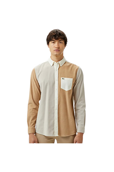 Lacoste Men's Regular Fit Buttoned Collar Color Block Beige Shirt