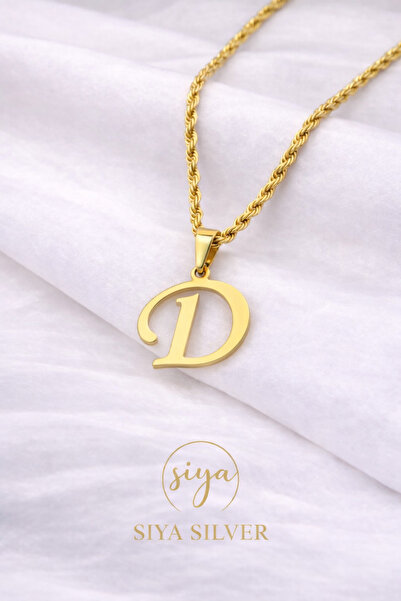 Siya Silver 316L Kararmaz Çelik Gold Renk Uzun Burgu Zincirli Harfli Kadın Kolye