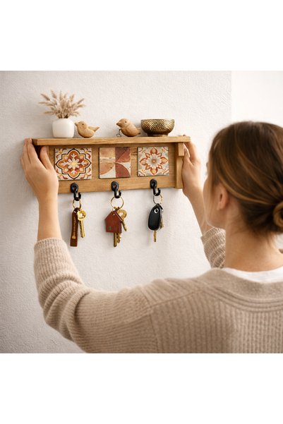 woodline 3-Hook Natural Stone Decorated Wooden Wall Organizer–Entryway Hallway Key Holder, Kitchen and Bathroom Wall Shelf