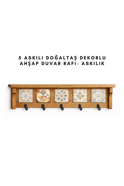 woodline 5-Hanging Natural Stone Decorated Wooden Wall Organizer – Entryway Key Holder, Kitchen and Bathroom Wall Shelf