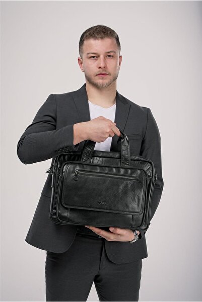 ÇÇS Black Genuine Leather Crossbody Laptop & Briefcase Bag 71473
