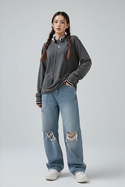 Karakedi أزرق خمر ممزق التفاصيل فضفاض الساق الجينز السراويل