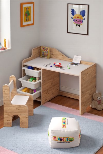 MİRACLE 3D Çocuk Çalışma Masası  90x45 Cm 3 Sepetli Çocuk Çalışma Masası Sırt Dayamalı Sandalye