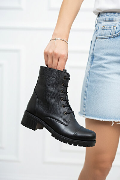 Deripabuc Hakiki Deri Siyah Kadın Deri Postal Bot Dp46-1610