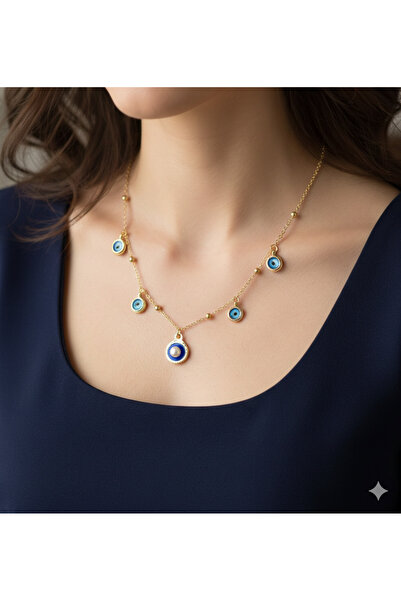 Store Mavi Nazar Boncuklu 5 Charmlı İnci Detaylı Çelik Kolye