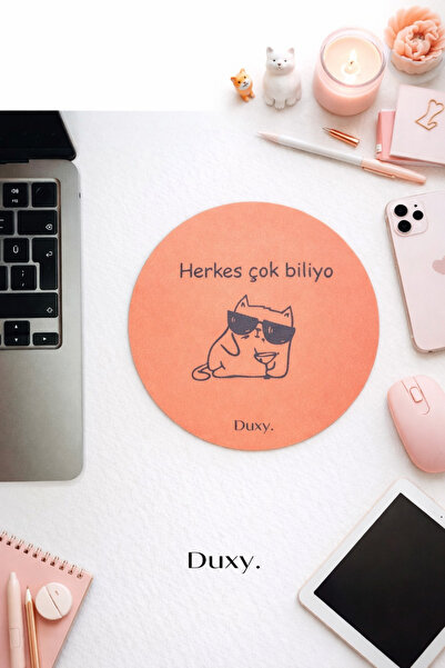 Duxy Espirili Kedi Kauçuk Mouse Pad, 19 cm, Kaymaz Taban, Ev Ofis Oyun için R...