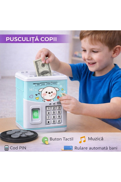 SMARTECH Pușculiță pentru copii cu cod PIN și amprentă, albastru deschis