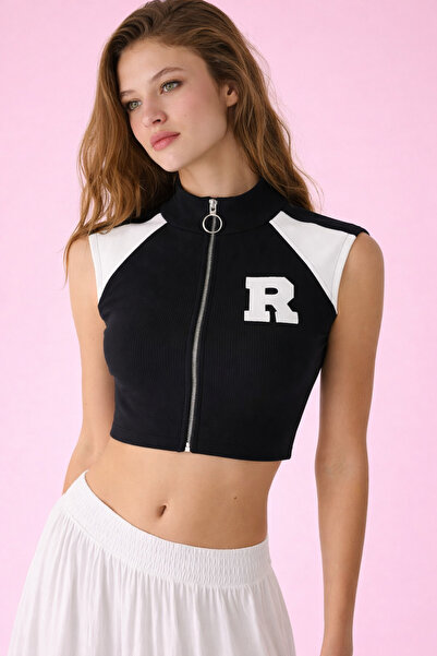 HAKKE Raglan Kollu R Nakışlı Fermuarlı Crop Bluz