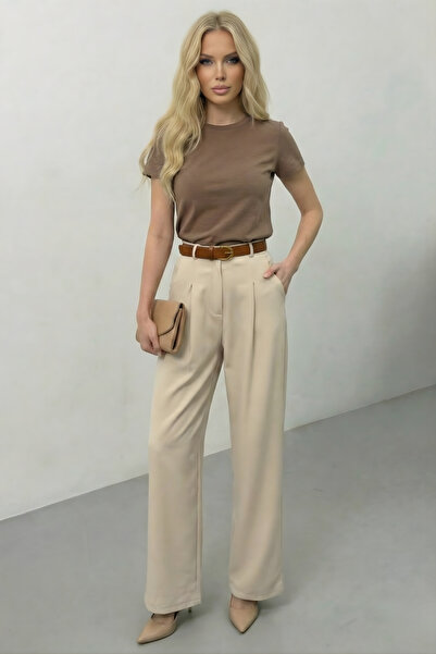 Potenza Women's Pants with Belt, Pleated Detail, Double Pockets, Wide Leg Pants