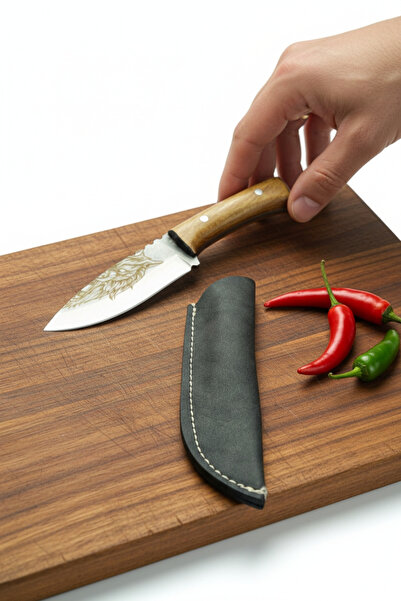 MERTCAN KNİFE Kurt Figürlü Özel Lazer İşlemeli Kamp Ve Piknik Bıçağı - Deri K...