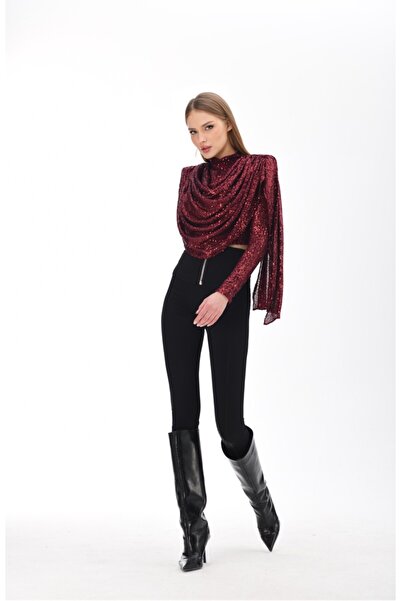 Gira official Bordo Payetli Şal Detaylı Bluz